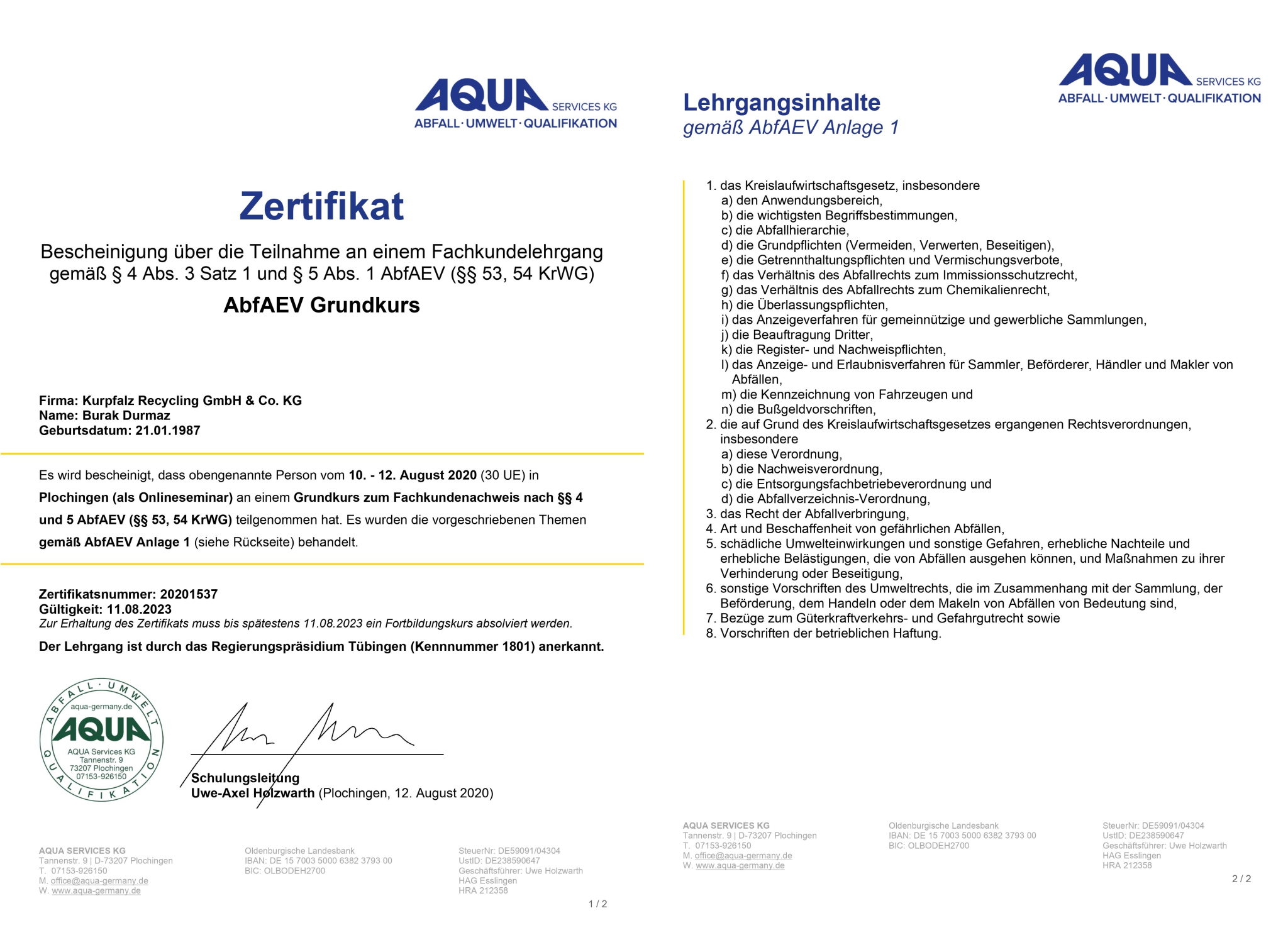Zertifikat AQUA Services KG
